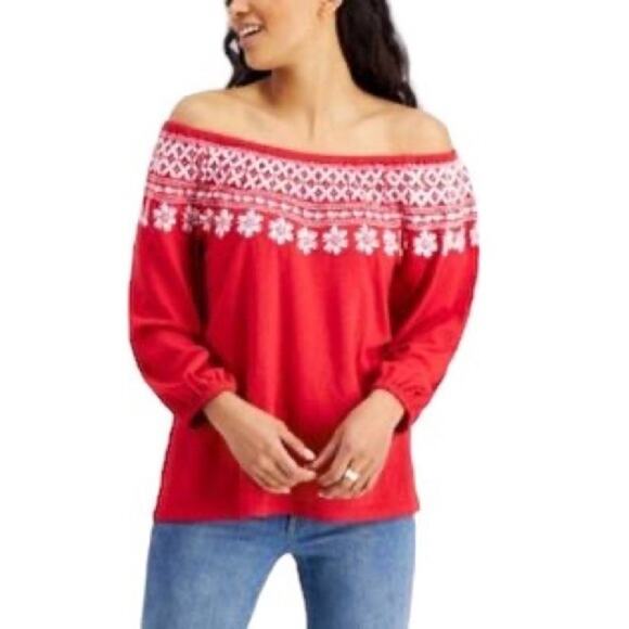Tommy Hilfiger Tops - NWT Tommy Hilfiger Women’s Plus Size 2X Red & White Embroidered Top 3/4 Sleeves